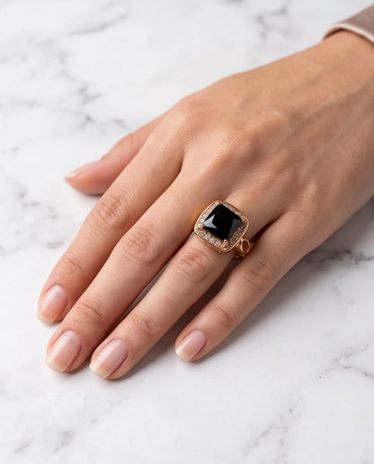 Black Onyx Cushion Halo Gold Ring
