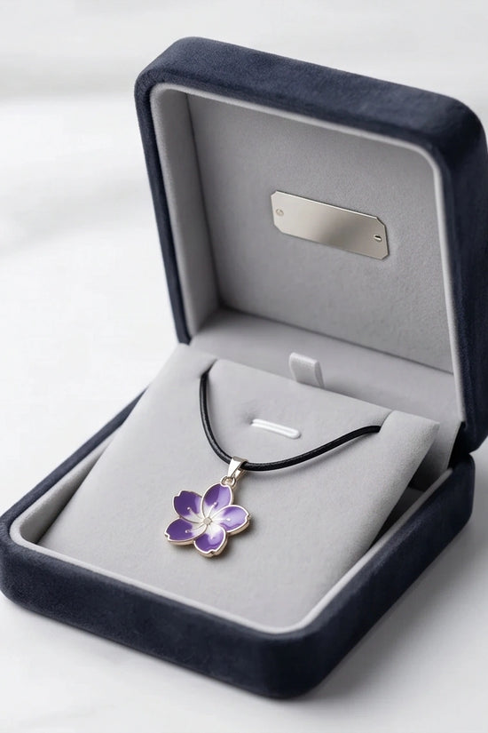 Elegant Purple and White Floral Enamel Pendant Necklace