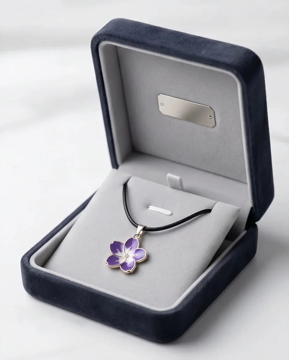 Elegant Purple and White Floral Enamel Pendant Necklace