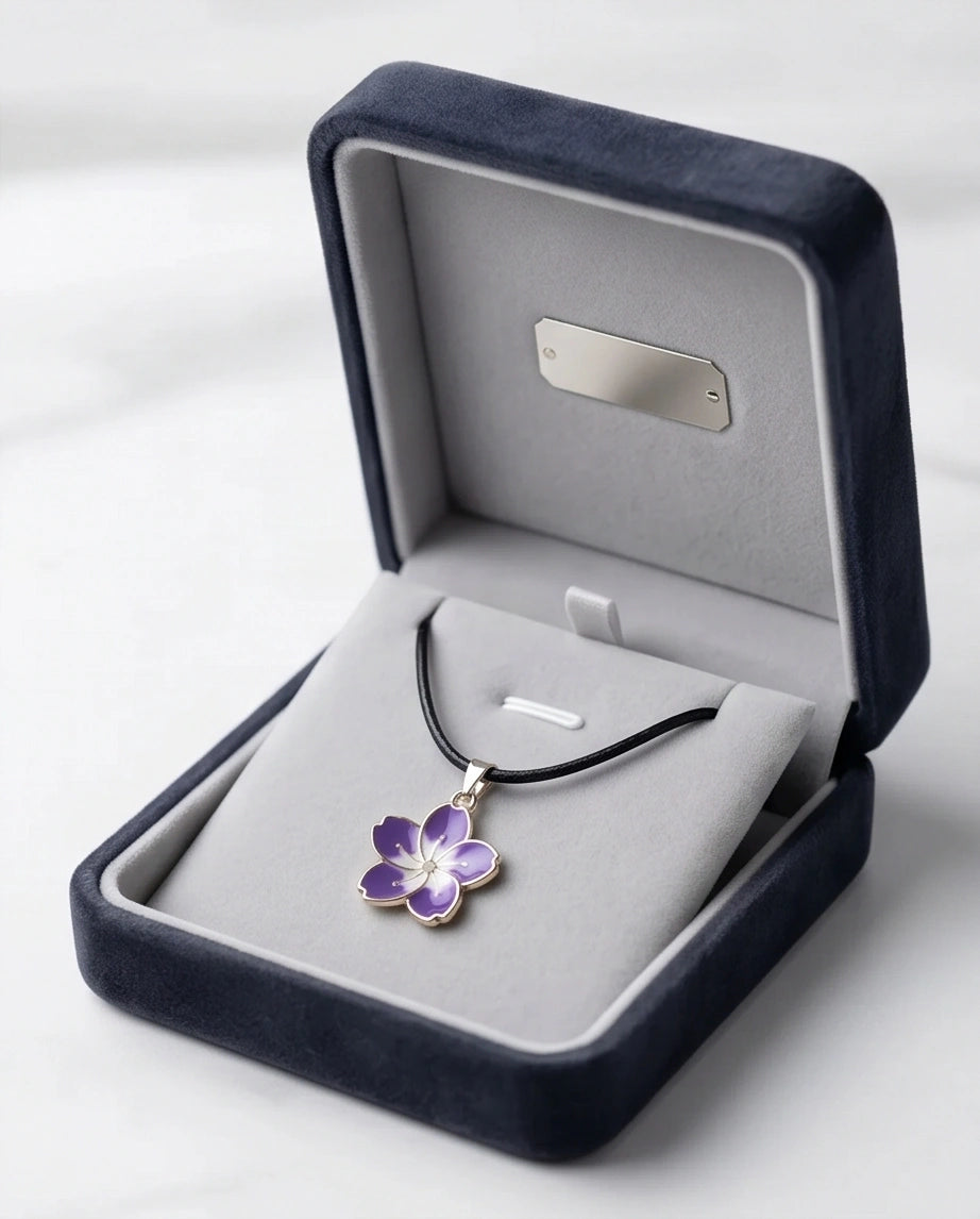 Elegant Purple and White Floral Enamel Pendant Necklace