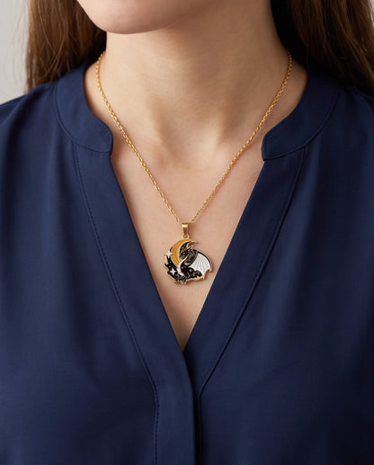Gold Celestial Crescent Moon Dragon Enamel Pendant Necklace