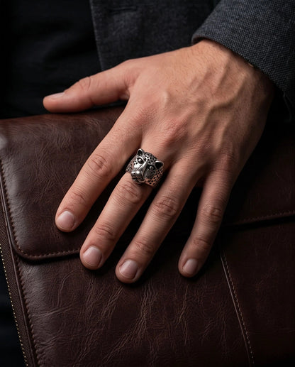Oxidized Silver Sculpted Leopard Signet Ring