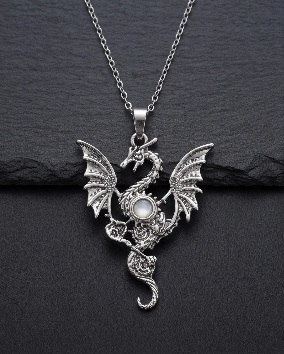 Silver Steampunk Dragon Gear Pendant Necklace