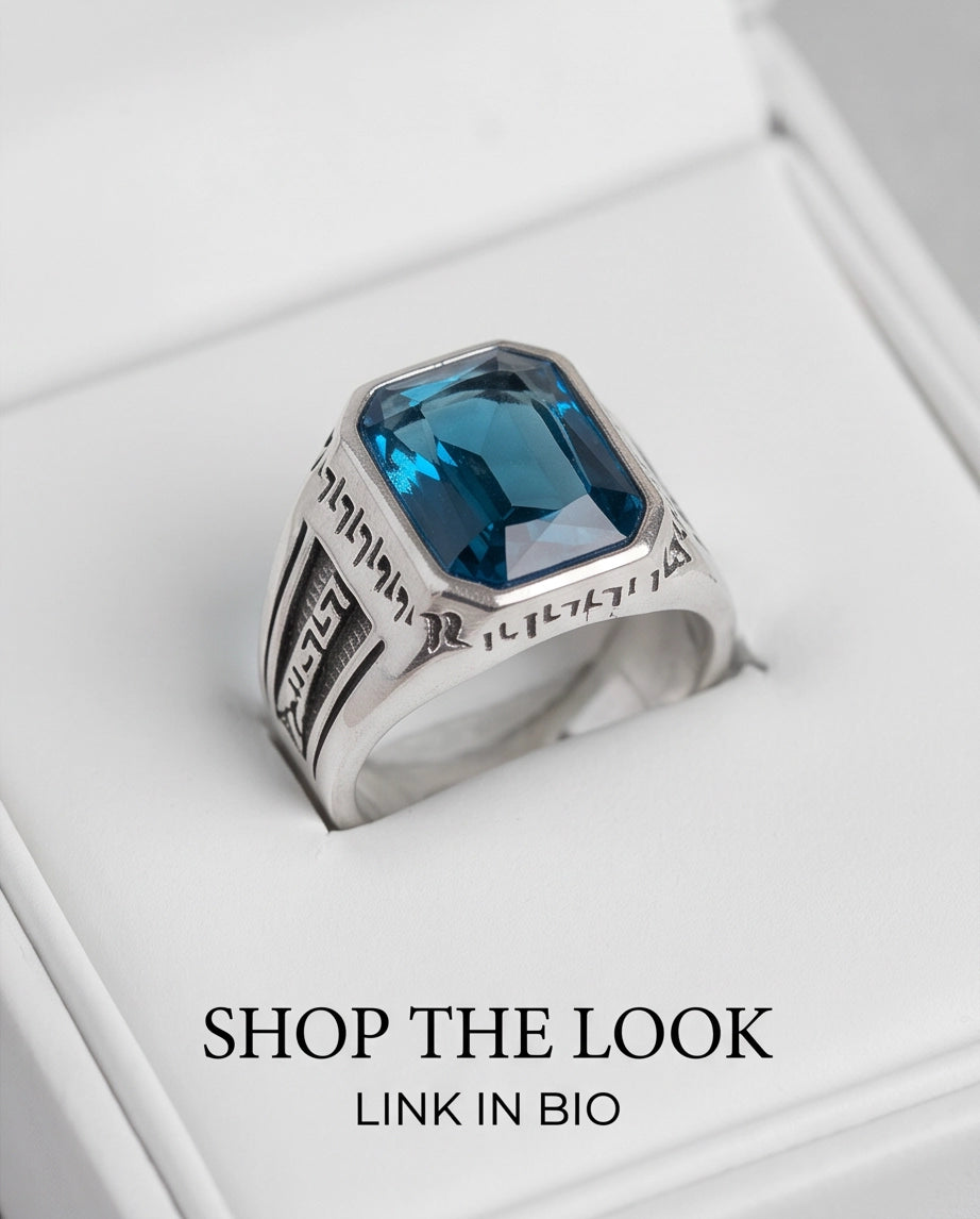 Aquamarine Emerald-Cut Gemstone Engraved Geometric Silver Ring