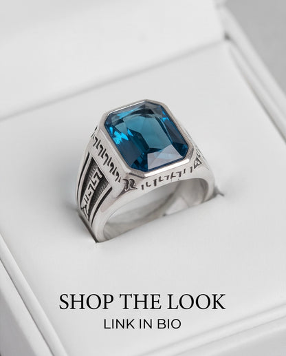 Aquamarine Emerald-Cut Gemstone Engraved Geometric Silver Ring