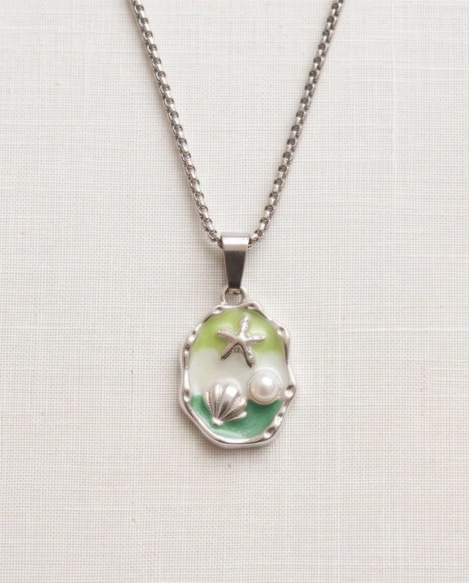 Silver Green Seashell Starfish Pearl Enamel Medallion Chain Necklace