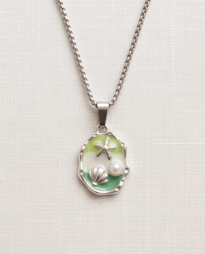 Silver Green Seashell Starfish Pearl Enamel Medallion Chain Necklace