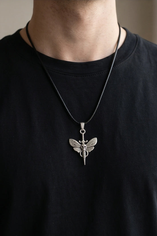 The Shadow Wing: Gothic Skull Moth Dagger Pendant Necklace