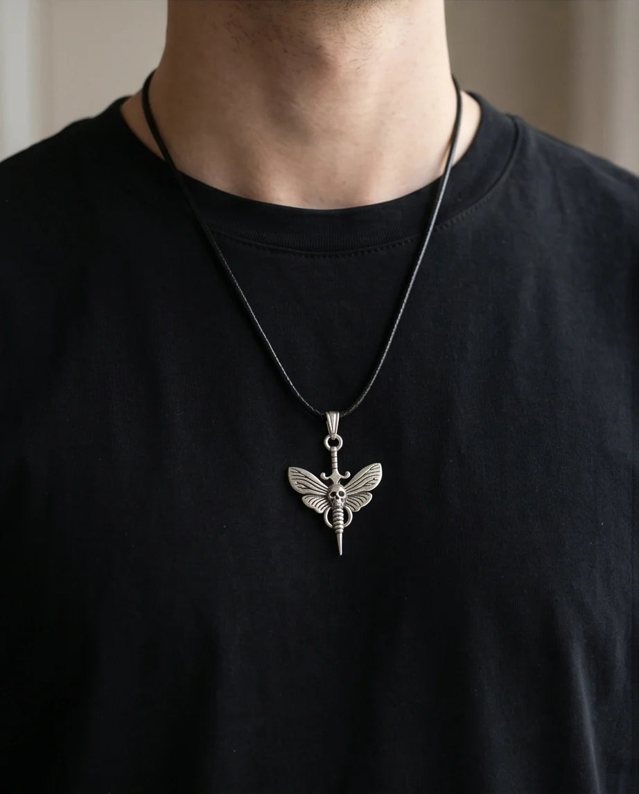 The Shadow Wing: Gothic Skull Moth Dagger Pendant Necklace