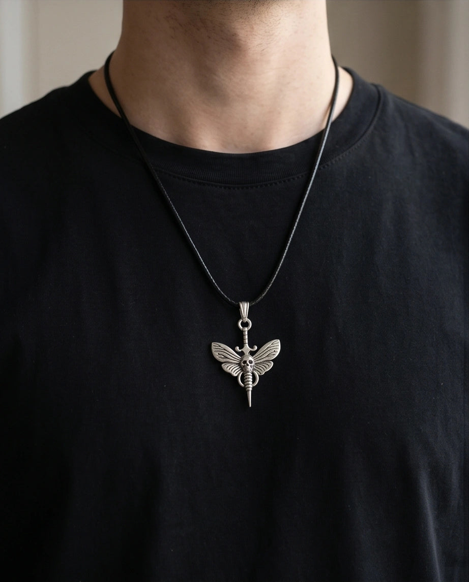 The Shadow Wing: Gothic Skull Moth Dagger Pendant Necklace