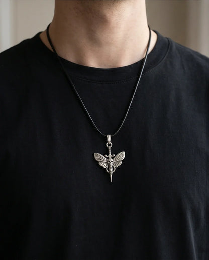 The Shadow Wing: Gothic Skull Moth Dagger Pendant Necklace