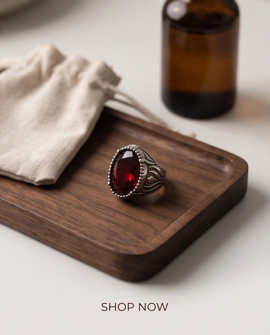 Garnet Gemstone Beaded Frame Flame Silver Ring
