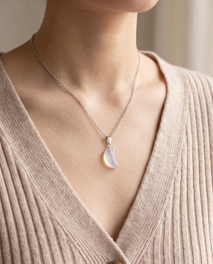 Silver Opalite Crescent Moon Pendant Necklace