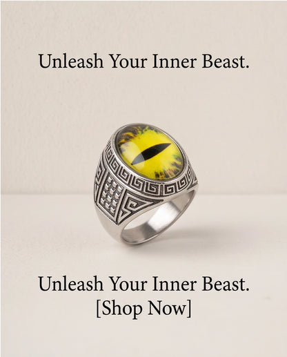 Golden-Yellow Slit-Pupil Dragon-Eye Greek Key Silver Ring