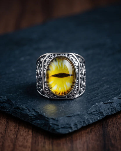 Amber Slit-Pupil Gilded Frame Silver Ring