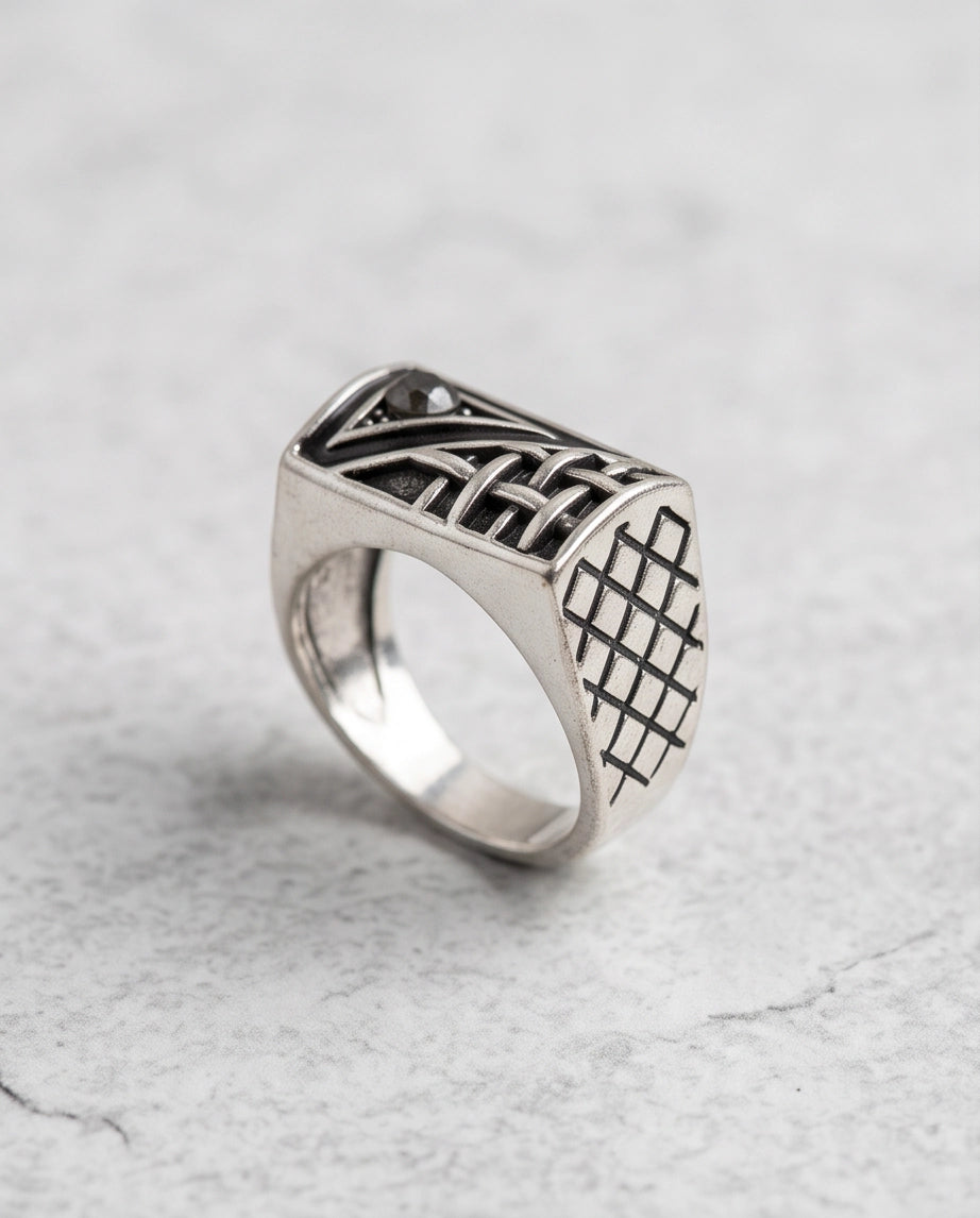 Black Gemstone Geometric Basket-Weave Signet Silver Ring
