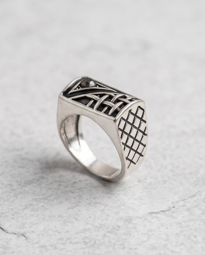 Black Gemstone Geometric Basket-Weave Signet Silver Ring