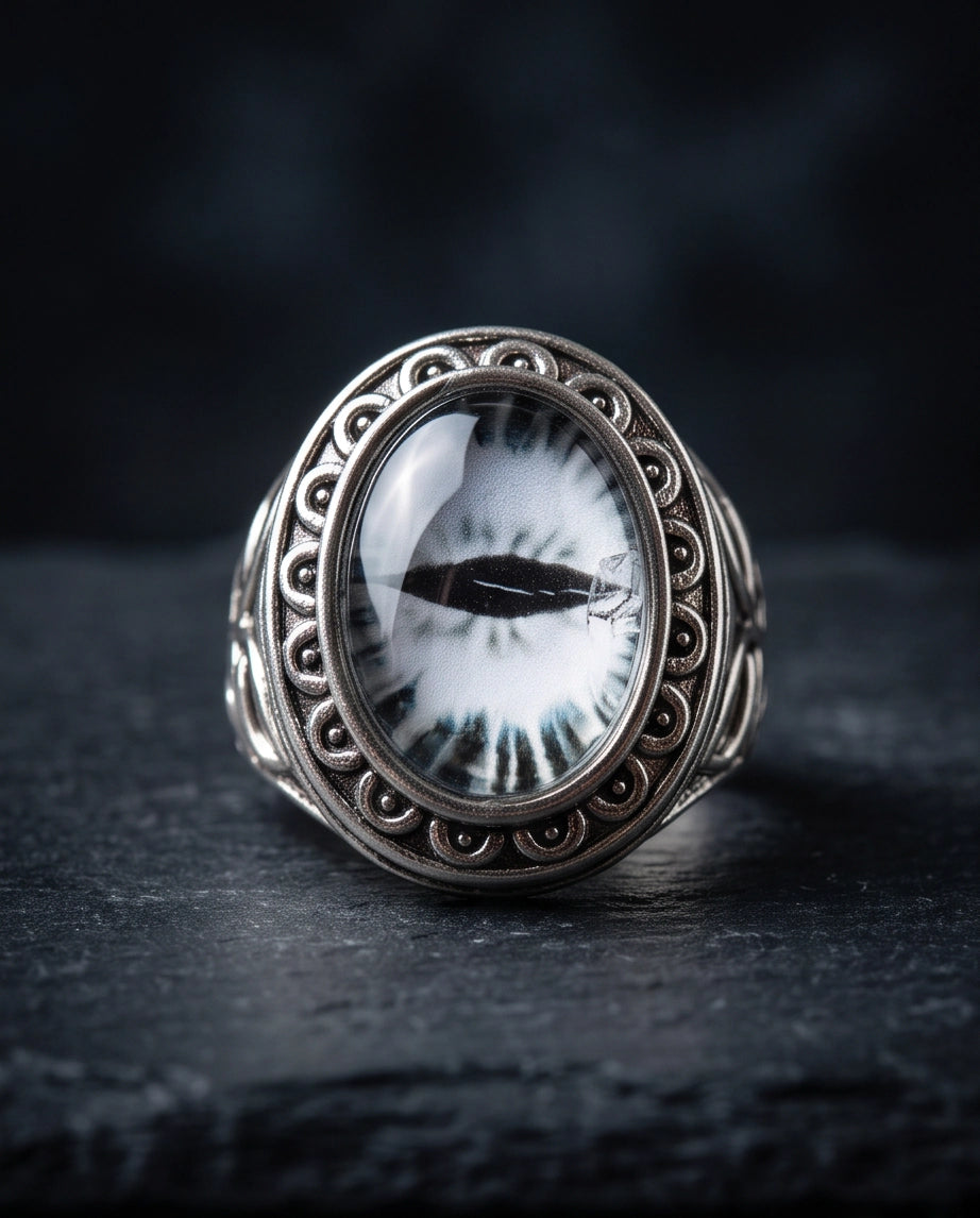 Monochrome Slit-Pupil Scrolled Silver Ring