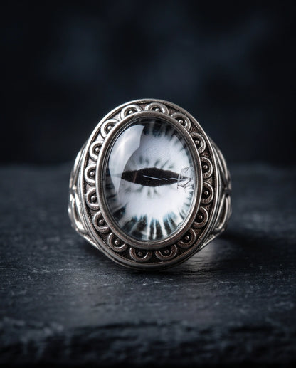 Monochrome Slit-Pupil Scrolled Silver Ring