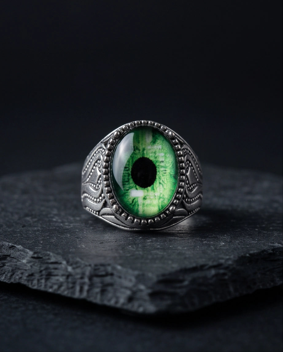 Emerald Dragon-Eye Cabochon Ornate Scrollwork Silver Ring