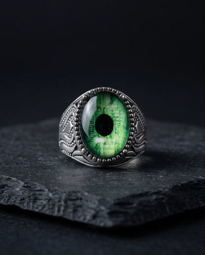 Emerald Dragon-Eye Cabochon Ornate Scrollwork Silver Ring