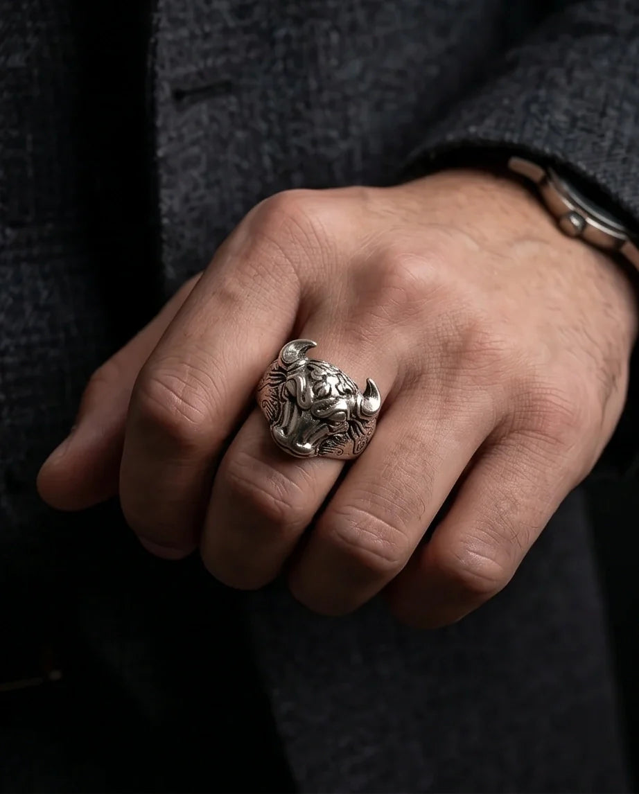 Vintage Oxidized Silver Bull Head Power Statement Ring