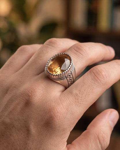 Citrine Gemstone Notched Bezel Geometric Diamond Silver Ring