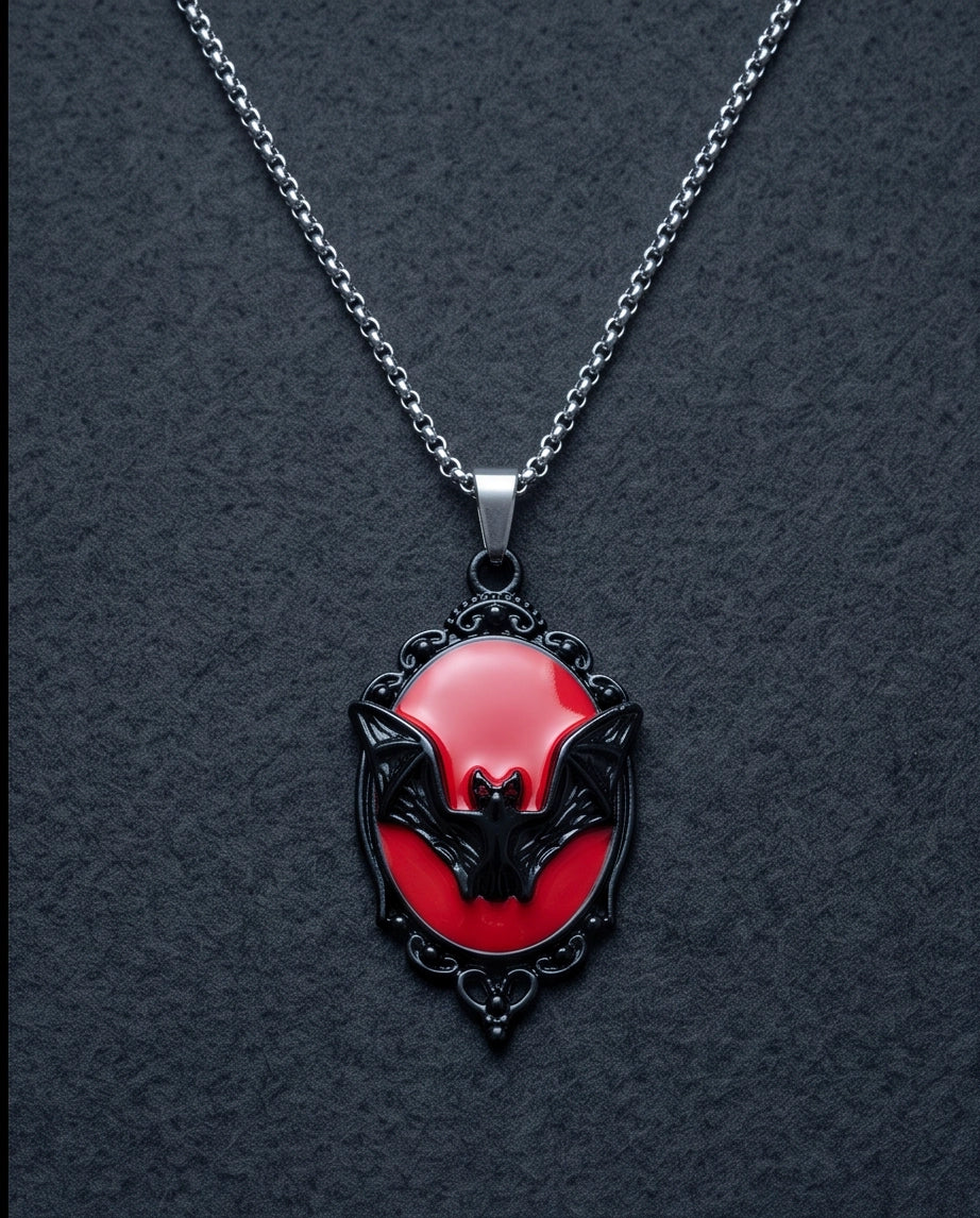 Black Gothic Bat Red Enamel Medallion Chain Necklace