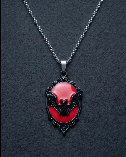 Black Gothic Bat Red Enamel Medallion Chain Necklace