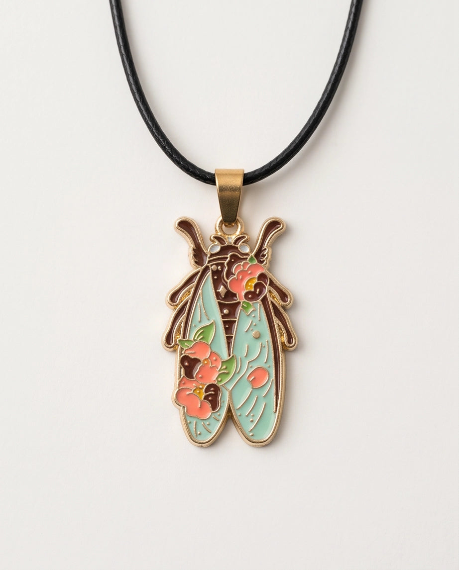 Gold Floral Cicada Enamel Chain Necklace