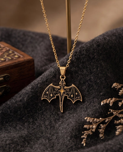 Gold Celestial Bat Enamel Pendant Necklace