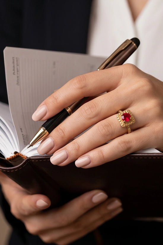 Vintage Gold Ruby Square Granulation Halo Ring