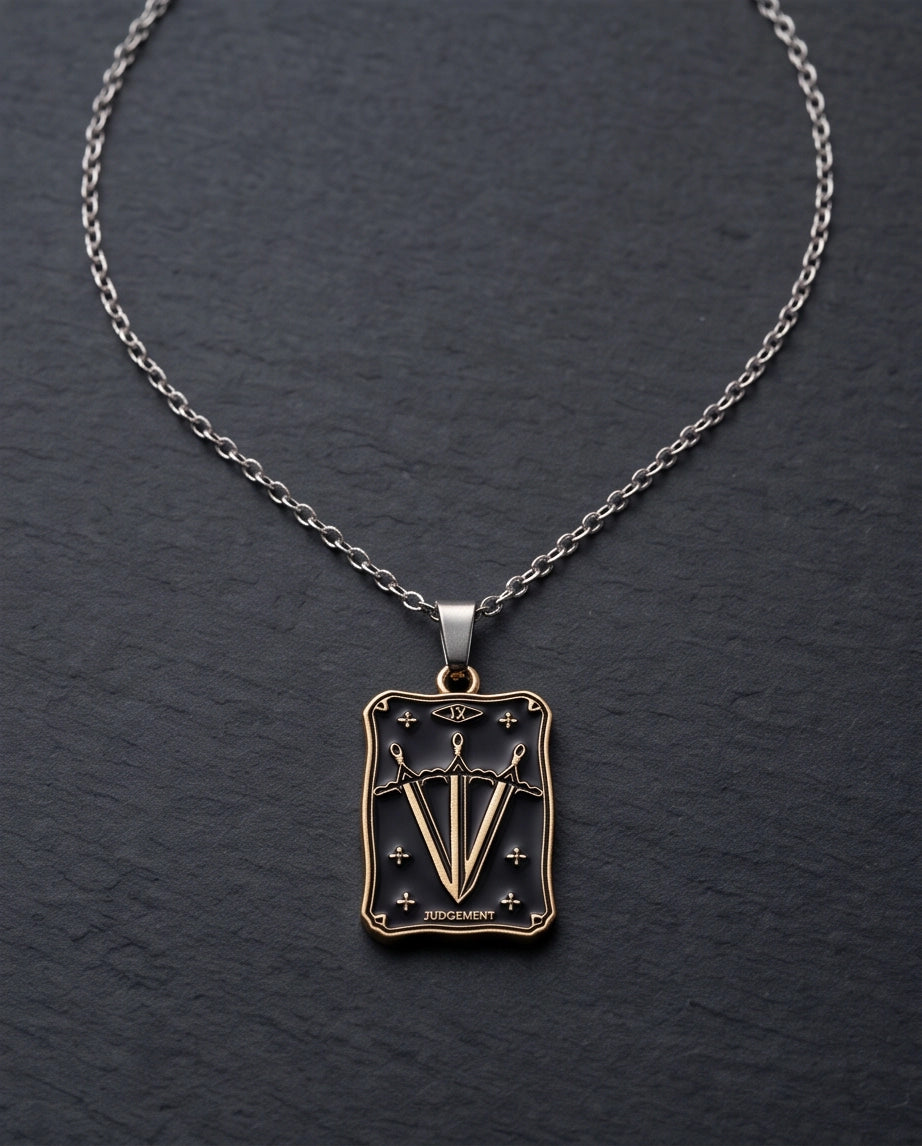 Gold "Judgement" Three Swords Tarot Card Pendant Necklace