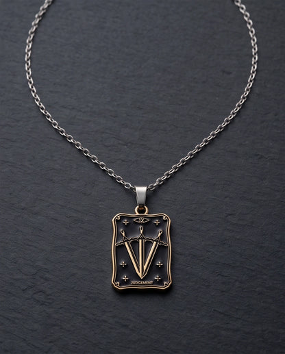 Gold "Judgement" Three Swords Tarot Card Pendant Necklace