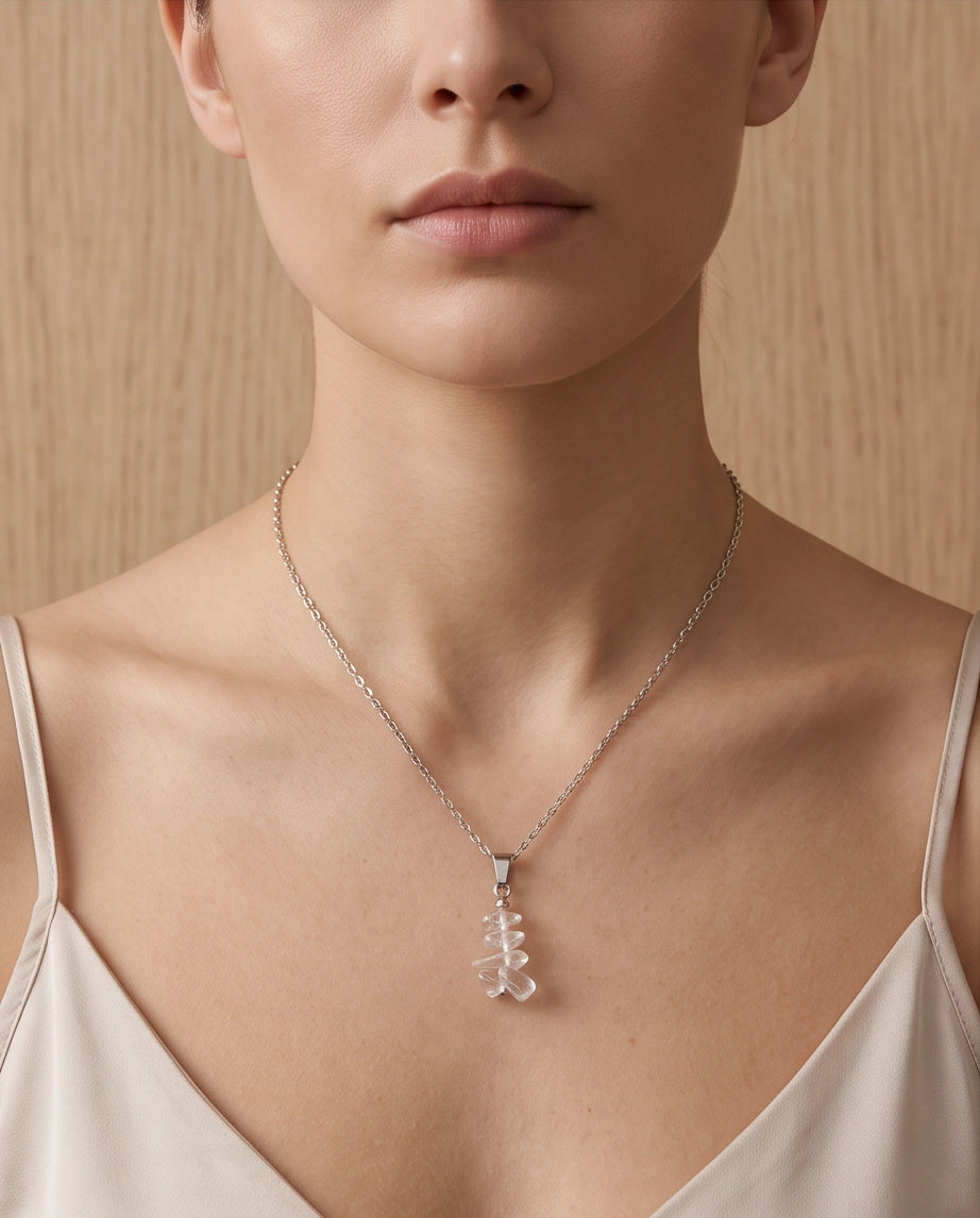 Silver Stacked Raw Clear Quartz Chip Stone Pendant Necklace