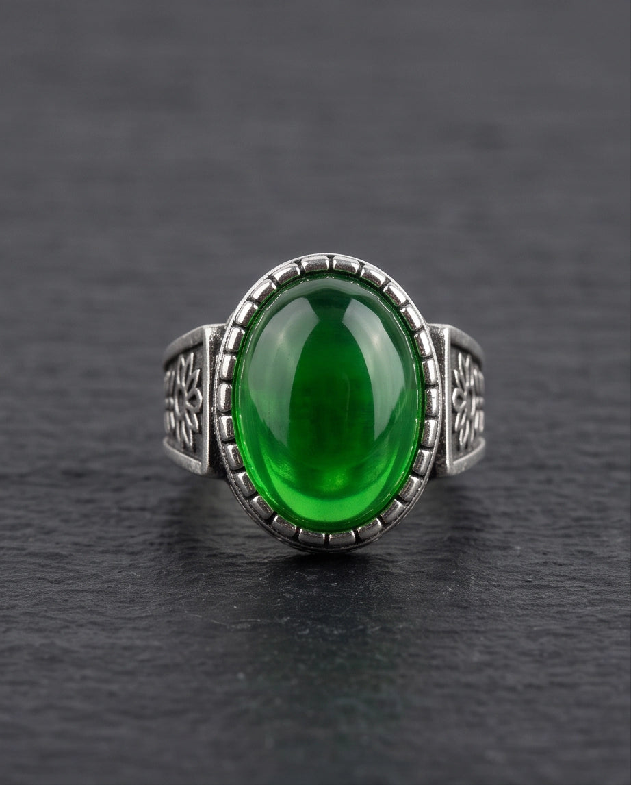 Emerald Cabochon Beaded Bezel Floral Silver Ring