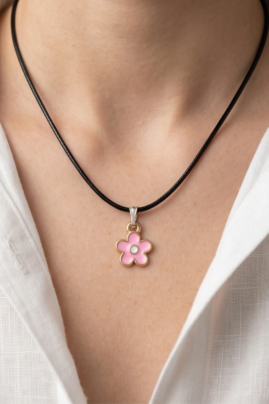 Dainty Pink Five-Petal Flower Enamel Pendant Necklace