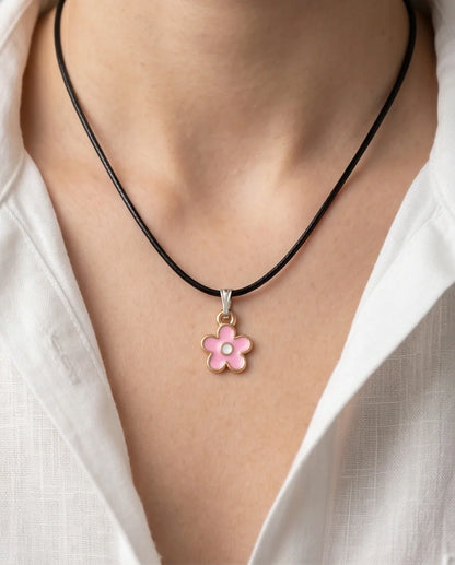 Dainty Pink Five-Petal Flower Enamel Pendant Necklace