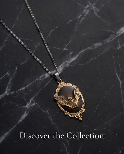Gold Gothic Bat Black Enamel Medallion Chain Necklace