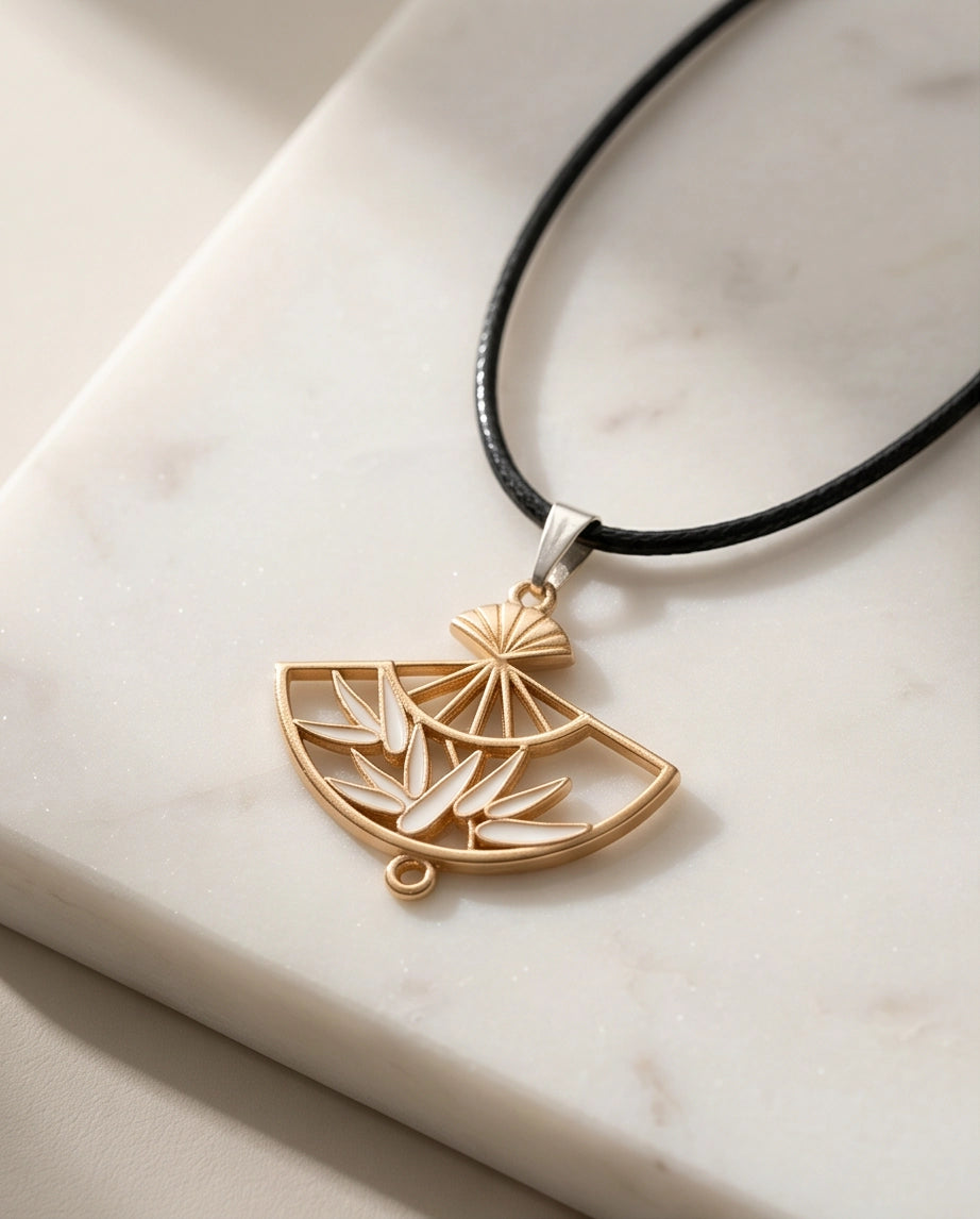White Leaf Bamboo Fan Pendant Necklace