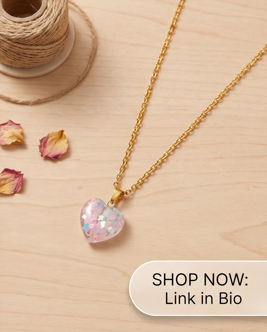 Silver Bubblegum Pink Glitter Heart Resin Pendant Necklace