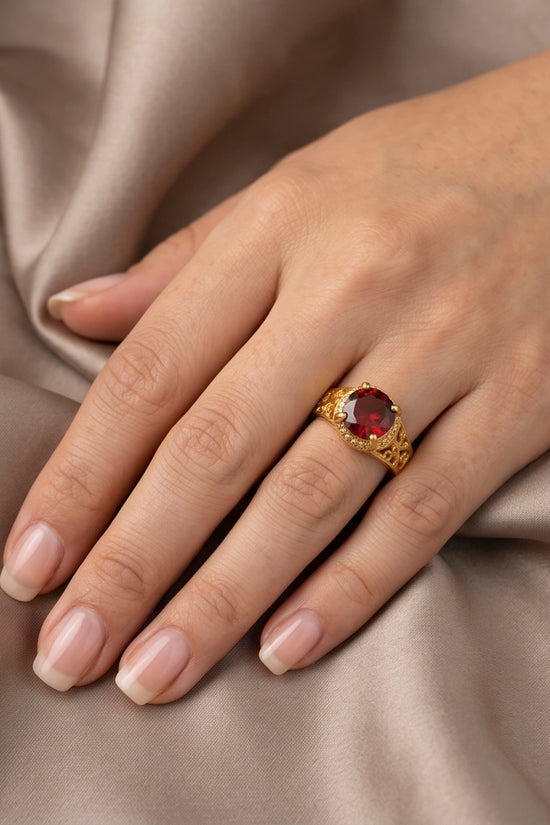 Golden Crimson Halo Filigree Ring