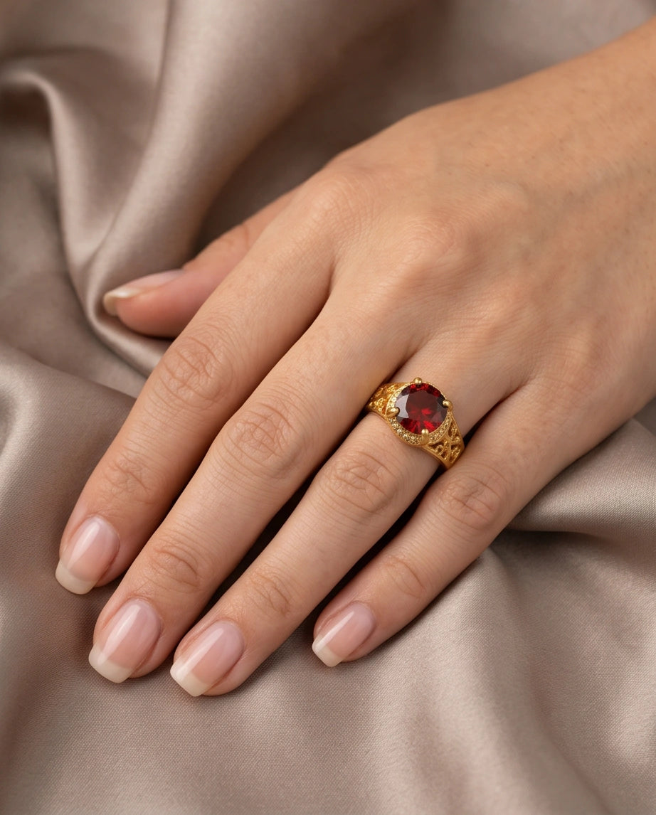 Golden Crimson Halo Filigree Ring