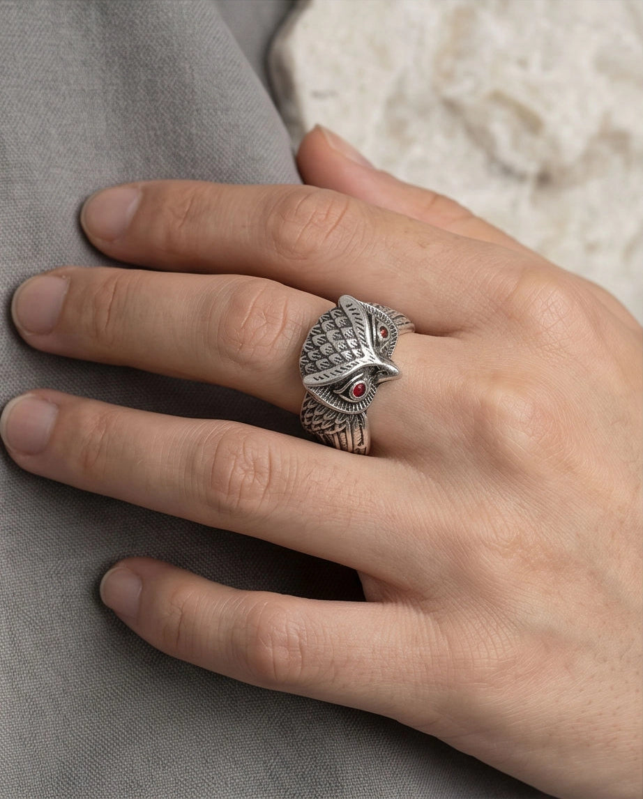 Ruby-Eyed Sculpted Owl Wing Ring
