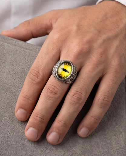 Golden-Yellow Slit-Pupil Dragon-Eye Greek Key Silver Ring