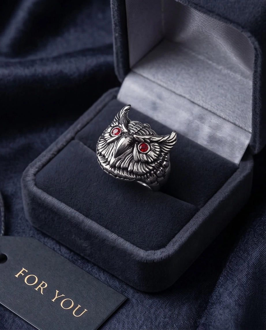 Red-Eyed Sculpted Owl Signet Ring