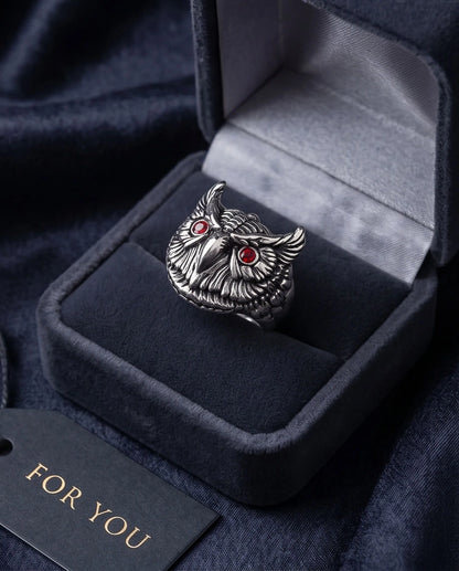 Red-Eyed Sculpted Owl Signet Ring