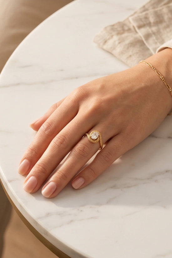 Luxury 14K Gold Oval Moissanite Swirl Beaded Ring