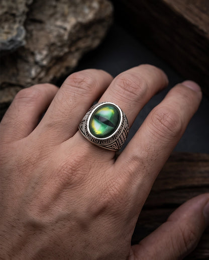 Emerald Green Slit-Pupil Dragon-Eye Greek Key Silver Ring