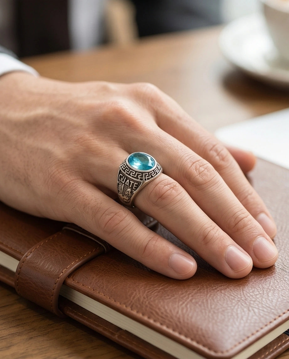 Vintage Aquamarine Blue Military Signet Ring